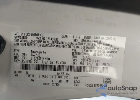 2016 Ford Focus Se z USA, uszkodzony, nr VIN 1FADP3F28GL404931